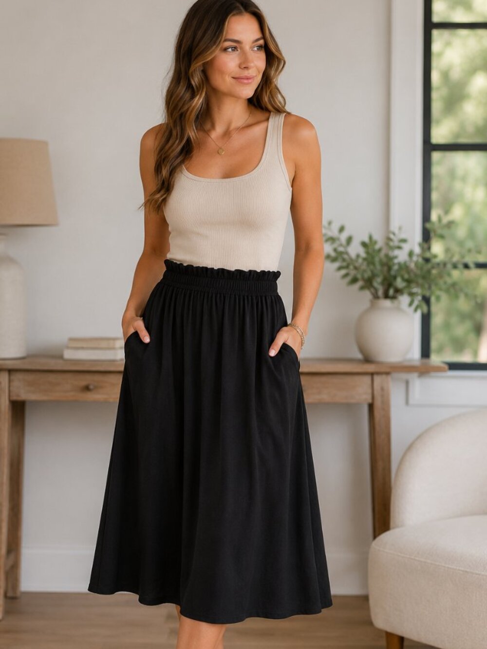 Zenana Black Paperbag Waist Midi Skirt with Pockets Elastic Waist NWT S-XL